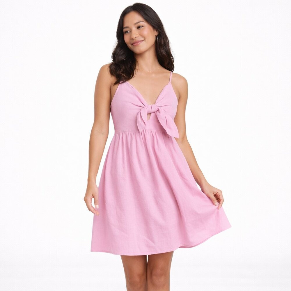 NEW Old Navy Tie-Front Smocked Linen Blend Mini Cami Dress Pink L